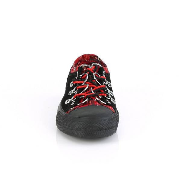 Demonia Women's Deviant-05 Sneakers - Black Suede/Red Plaid D1879-26US Clearance